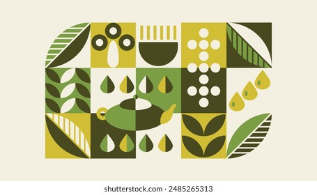 Pattern with tea theme. Geometric print, bannner with abstract shapes, cup, pot, tea leaves, water. Cover design, food package, menu, background, café wall, coffee shop, tea store