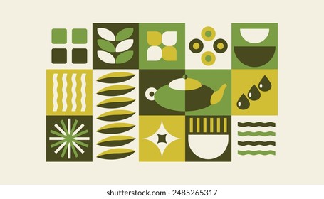 Pattern with tea theme. Geometric print, bannner with abstract shapes, cup, pot, tea leaves, water. Cover design, food package, menu, background, café wall, coffee shop, tea store