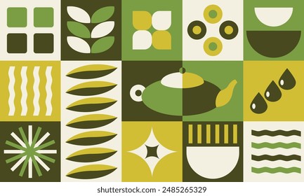 Pattern with tea theme. Geometric print, bannner with abstract shapes, cup, pot, tea leaves, water. Cover design, food package, menu, background, café wall, coffee shop, tea store