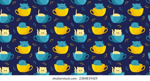 Pattern tea time with cat. Vector image, Flat Template design poster with kittens and cups, international tea day.