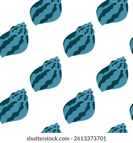 Pattern of teal and dark teal seashells on a white background, ideal for design projects