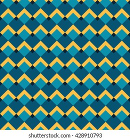 Pattern with teal diamond shapes and yellow lines. Retro abstract geometric background. Vector seamless pattern.