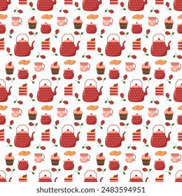 Pattern with teapot, cup and sweets. Tea party. Strawberries and cookies, cake and muffin. Vector illustration