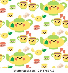 Pattern teapot, cups, lemon, tea, sugar cubes and macaroons on a white background. Bright children's illustration. Vector pattern with cups, teapots and macaroons. Faces, emotions, coffee shop