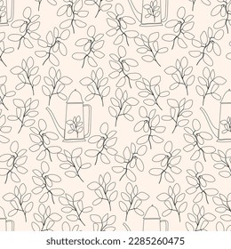 Pattern with Teapot and Foliage. Linear Illustration of Teapot with Flowers. Endless texture can be used for package design, menu, printing onto fabric and paper or scrap booking.