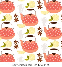 Patrón con tetera, limón y anís en estilo plano. Patrón de té para el fondo, textil, embalaje.
