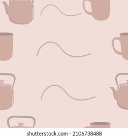 Pattern teapot with a mug on a pink background.