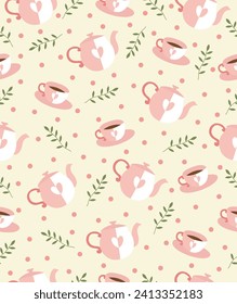 Pattern teapot and teacup with leaves on light pink background.