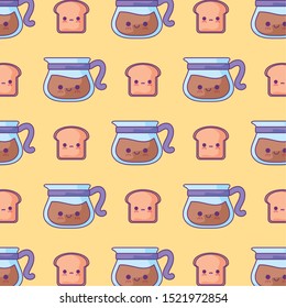 pattern of teapots with breads kawaii style vector illustration design