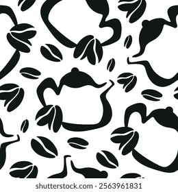 pattern with teapots for brewing drinks and coffee beans placed randomly, for different packaging, textile or design