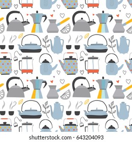 Pattern with teapots and coffee makers