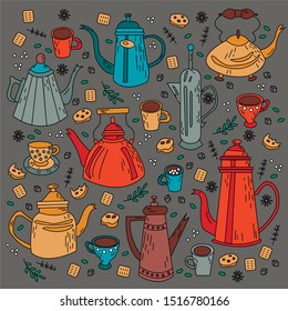 Pattern with teapots, coffee pots, tea cups and sweets for tea on a gray background