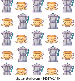 pattern of teapots with cups kawaii style