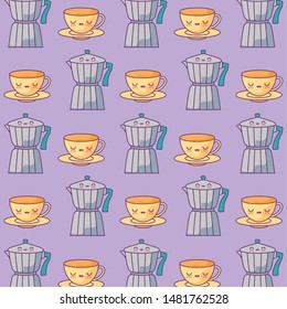 pattern of teapots with cups kawaii style