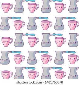 pattern of teapots with cups kawaii style