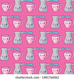 pattern of teapots with cups kawaii style