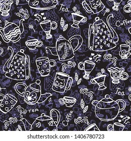 Pattern with teapots and cups on a dark background