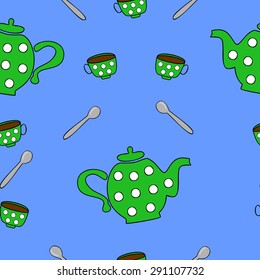 pattern with teapots, cups and spoons