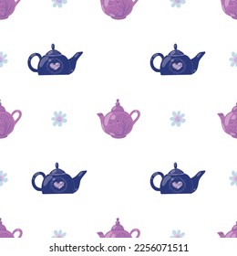 Pattern teapots and flowers in lilac shades