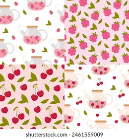 Pattern of teapots with raspberries and cherries