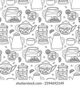 pattern of teapots with tea, leaves, water. Contour illustration on a white. various kettles with and without liquid. Monochrome drawing. Use illustrations for websites, product catalogs, promotional