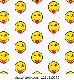 Pattern of teasing with the tongue emoticons in transparent background. 8-bit pixel art backdrop. Vector illustration. Vector Illustration