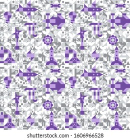 
Pattern for a technical university. The pattern consists of simple modules of different colors. The background is gray, the images of cars, rockets, nuts and screws are colored. 