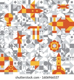 
Pattern for a technical university. The pattern consists of simple modules of different colors. The background is gray, the images of cars, rockets, nuts and screws are colored. 