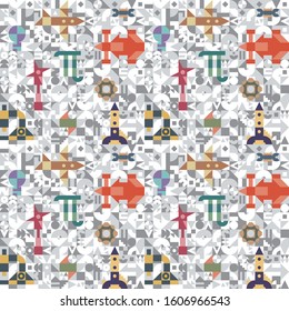 
Pattern for a technical university. The pattern consists of simple modules of different colors. The background is gray, the images of cars, rockets, nuts and screws are colored. 