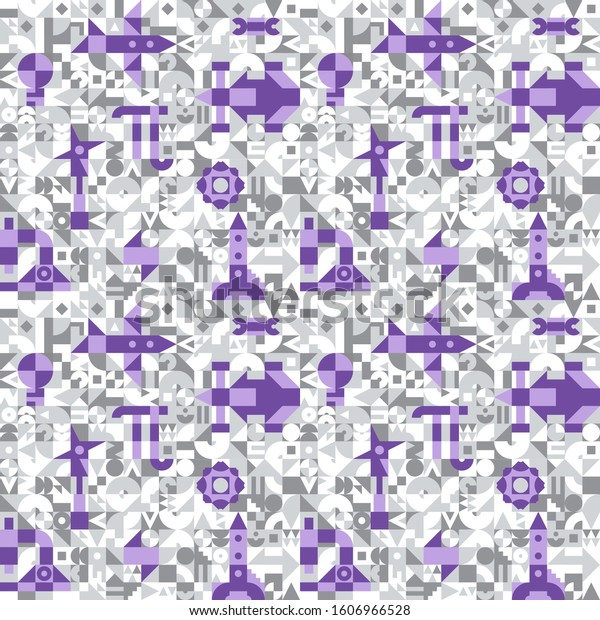 \
Pattern for a\
technical university. The pattern consists of simple modules of\
different colors. The background is gray, the images of cars,\
rockets, nuts and screws are colored.\
