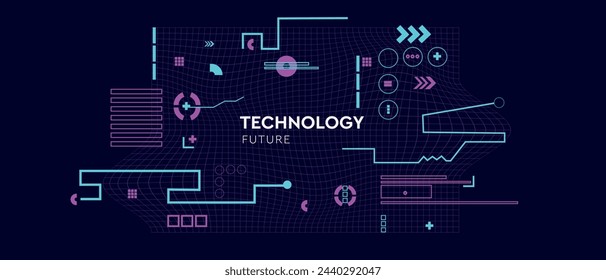 Pattern technology in cyberpunk style. Abstract 3d network for social media posts, mobile apps, cards, invitations and banners design. Vector illustration.