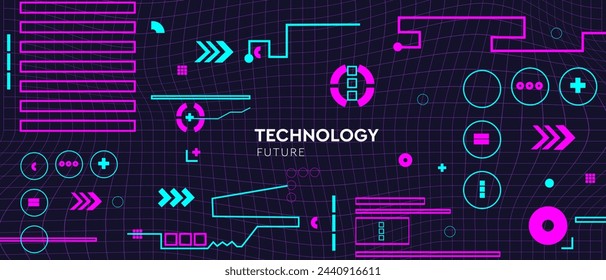 Tecnología de patrones en estilo cyberpunk. Red 3D abstracta para publicaciones en redes sociales, aplicaciones móviles, tarjetas, invitaciones y banners de diseño. Ilustración vectorial.