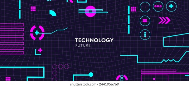 Tecnología de patrones en estilo cyberpunk. Red 3D abstracta para publicaciones en redes sociales, aplicaciones móviles, tarjetas, invitaciones y banners de diseño. Ilustración vectorial.