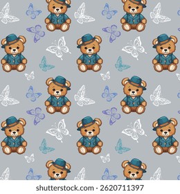Pattern with teddy bears and butterflies.Vector seamless pattern with teddy bears on a gray background with colorful butterflies.
