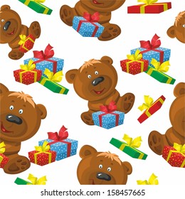 pattern with teddy bears and gifts on a white background