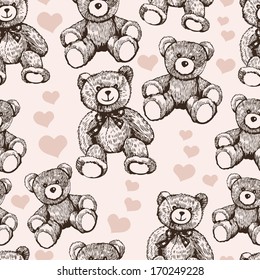 Pattern with teddy bears and hearts. 