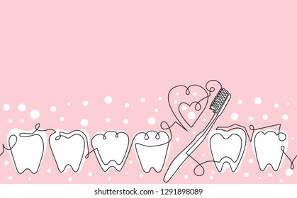Pattern with Teeth and Brush. Continuous drawing style. Vector Background.