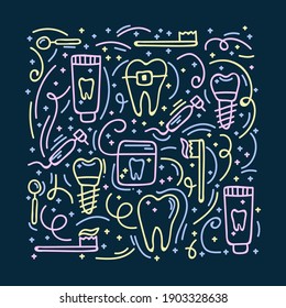 Pattern of teeth cleaning tools. Hand-drawn poster of a toothbrush, toothpaste and dental floss, teeth. Background in the style of Doodle about dentistry. Vector illustration