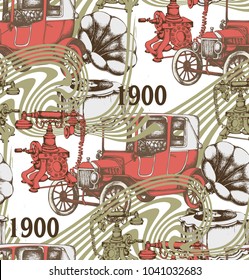 Pattern of telephone, retro car and gramophone. Vintage style. Vector illustration