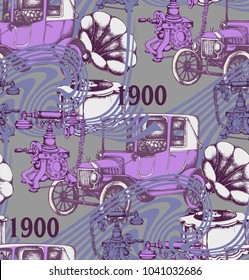 Pattern of telephone, retro car and gramophone. Vintage style. Vector illustration