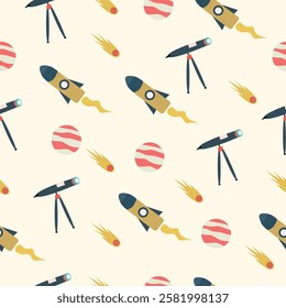 Pattern with Telescopes and Space Rockets. A seamless pattern combining telescopes, space rockets, and shooting meteors.