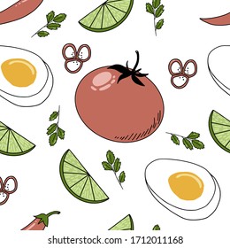 Pattern template design for your packing paper. Vector lime, tomato, chilli, egg on white isolated background. Healthy food for vegetarian gift paper.