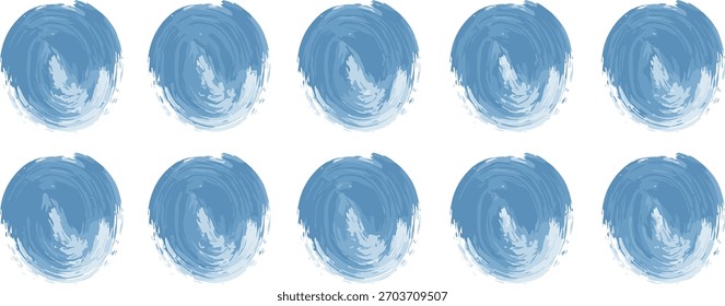 Un patrón de diez círculos de acuarela azul dispuestos en dos filas sobre un fondo blanco.