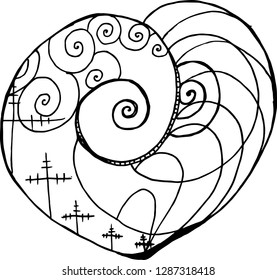 Pattern with tension pillars, spirals, waves inscribed in the heart. Technique and progress.