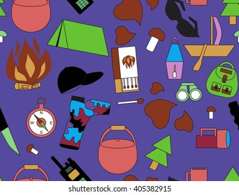 pattern with tent, objects for tourism, the boat with a sail, forest mushrooms, a tree a fir-tree, a kettle for food, a hunting knife, camouflage boots, the inflamed fire, set vector, 