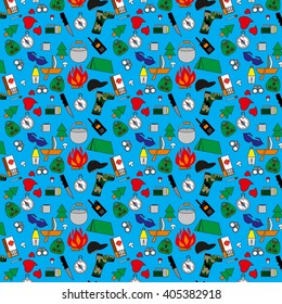 pattern with tent, objects for tourism, the boat with a sail, forest mushrooms, a tree a fir-tree, a kettle for food, a hunting knife, camouflage boots, the inflamed fire, set vector, 