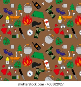 pattern with tent, objects for tourism, the boat with a sail, forest mushrooms, a tree a fir-tree, a kettle for food, a hunting knife, camouflage boots, the inflamed fire, set vector, 