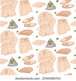 pattern of terry dressing gown, waist bandages, towels, hats, slippers for bathing and showering, flat illustration, on white. The texture is made of a delicate warm fluffy fabric. Flat with scribbles