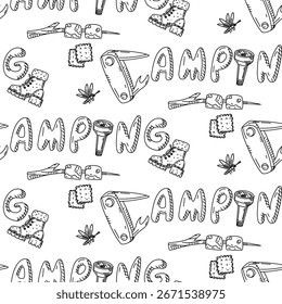 Pattern with text CAMPING on hiking items, doodle. Swiss knife, flashlight, boot, marshmallow on branch. Graphics, engraving, shading in a seamless texture. Black ink, marker. Picnic, hiking, camping