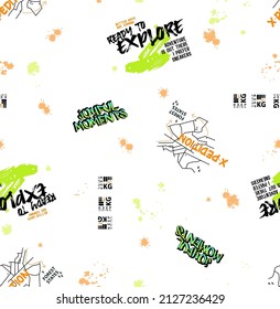 pattern with text. expedition travel geometric elements. bright colours. blots and splashes